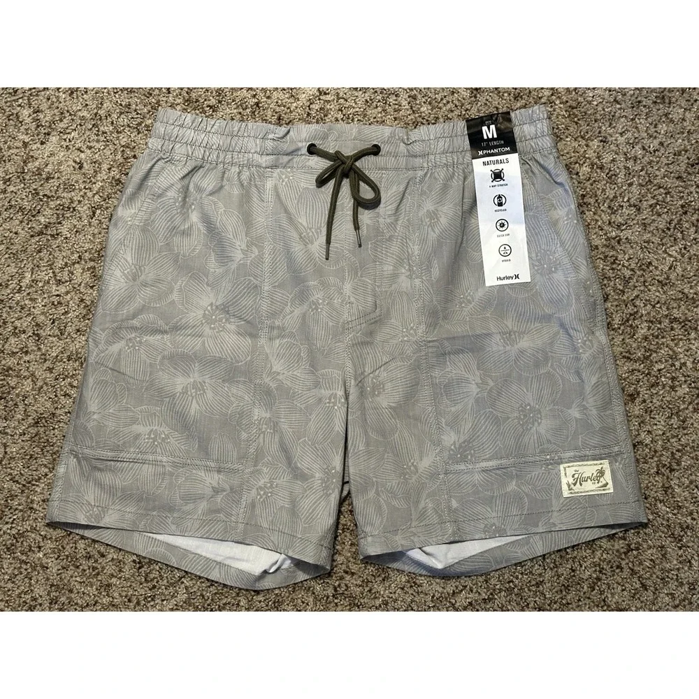 Hurley Phantom Men's Tropical Board Shorts, Drawstring, Grey, Medium